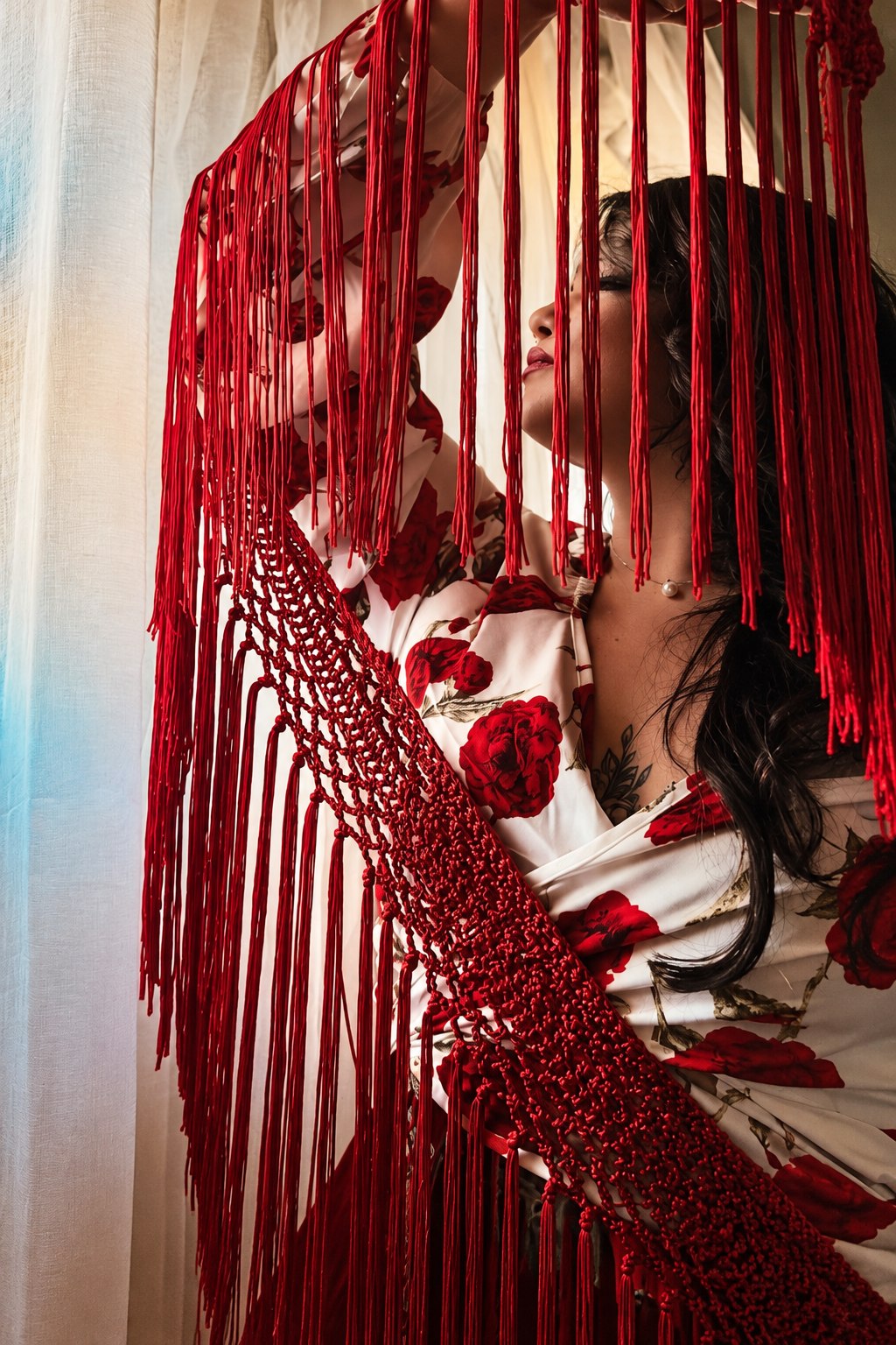 Red fringed floral shawl