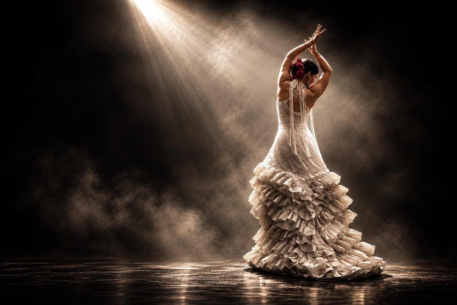 Dancer in a white ruffled dress under a spotlight
