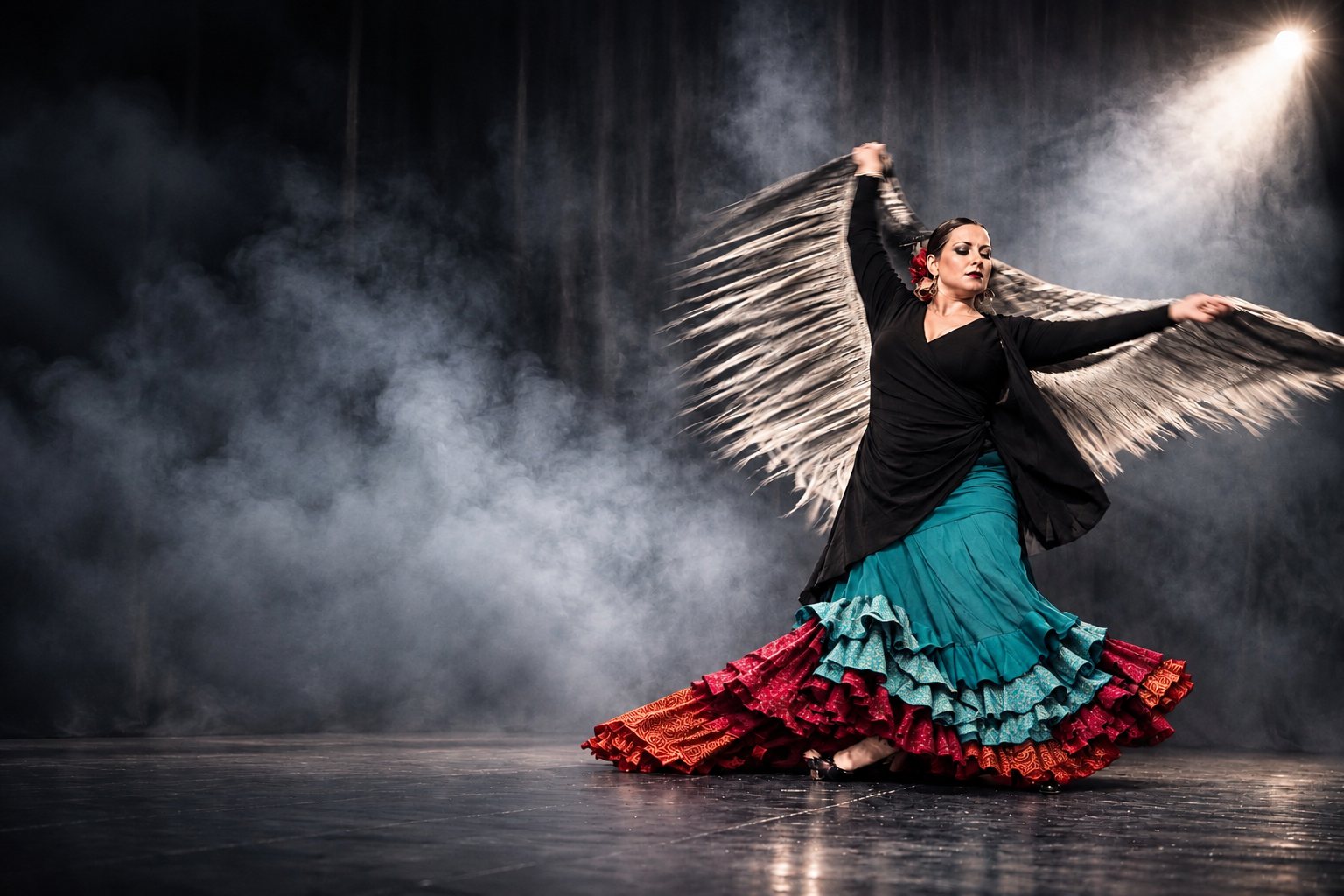 Dancer in a turquoise and red skirt with a black shawl